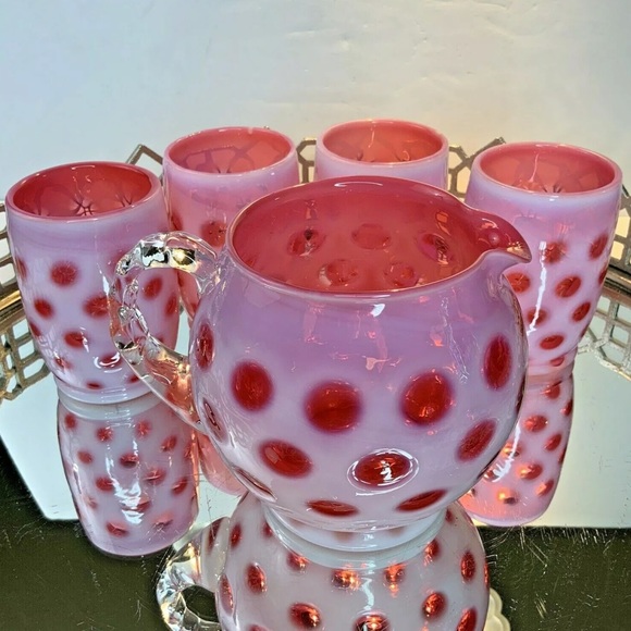 SOLD Fenton Cranberry Coin Dot Pitcher Tumblers - Picture 12 of 12